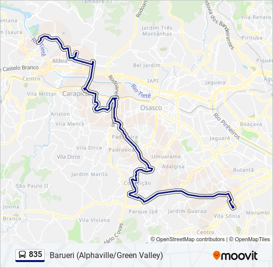 Mapa da linha 835 de ônibus