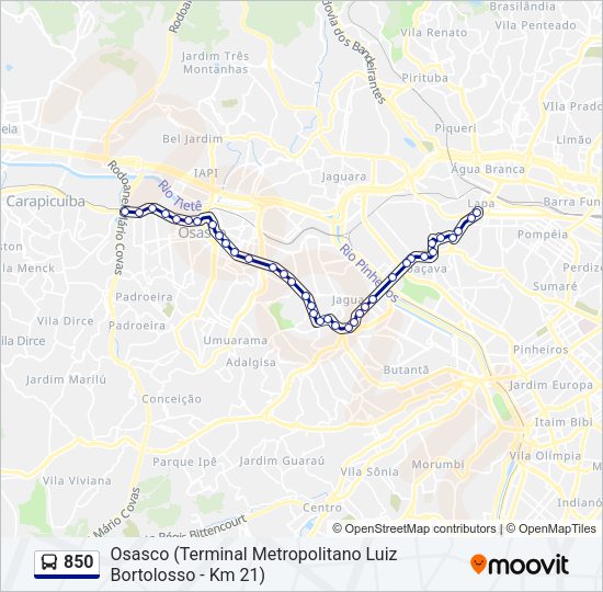 Mapa da linha 850 de ônibus