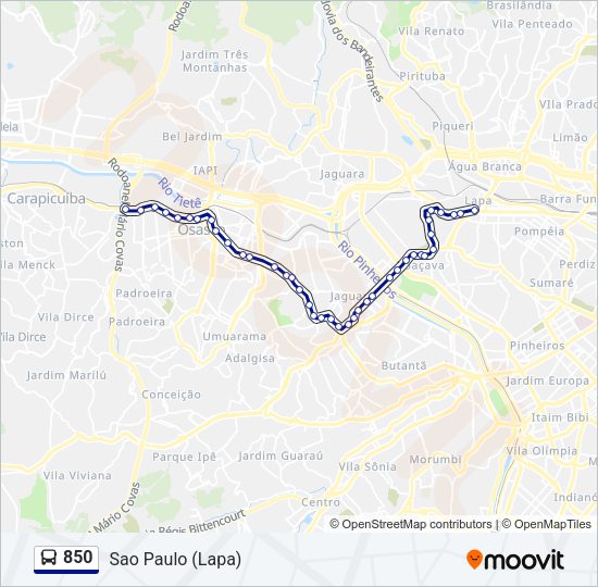 Mapa da linha 850 de ônibus