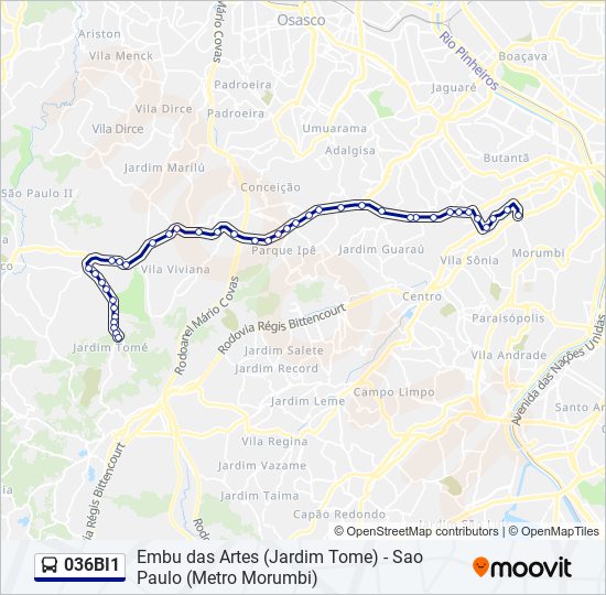 Mapa da linha 036BI1 de ônibus