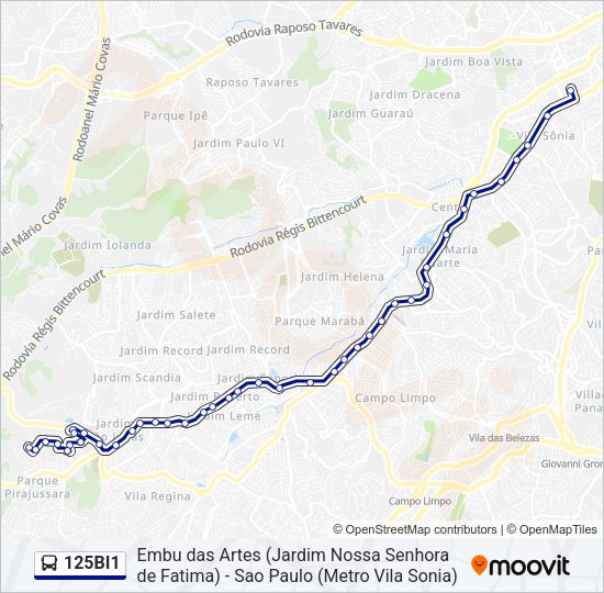 Mapa da linha 125BI1 de ônibus