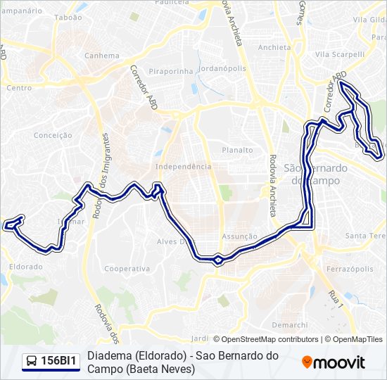 Mapa da linha 156BI1 de ônibus