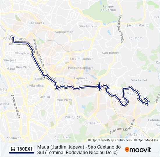 Mapa da linha 160EX1 de ônibus