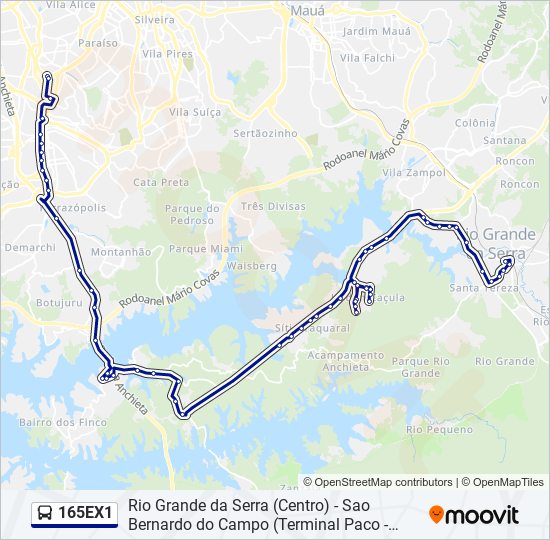 Mapa da linha 165EX1 de ônibus