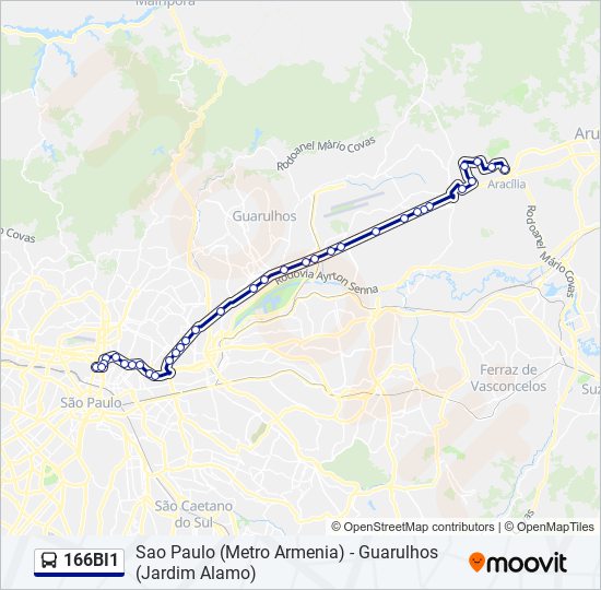 Mapa da linha 166BI1 de ônibus