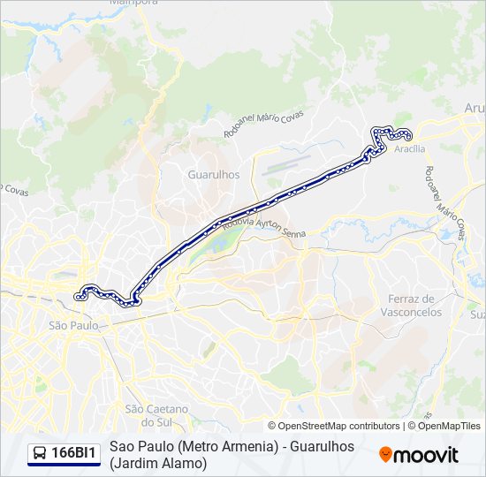 Mapa da linha 166BI1 de ônibus