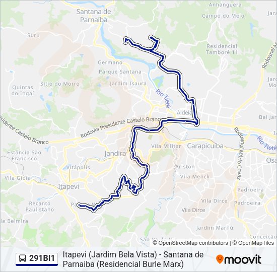 Mapa da linha 291BI1 de ônibus
