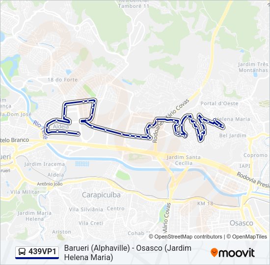 Mapa da linha 439VP1 de ônibus