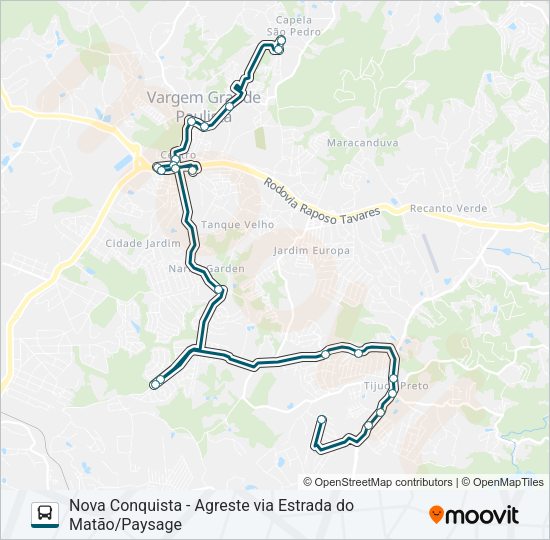 Mapa da linha NOVA CONQUISTA - AGRESTE VIA ESTRADA DO MATÃO/PAYSAGE de ônibus
