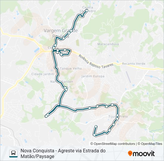 Mapa da linha NOVA CONQUISTA - AGRESTE VIA ESTRADA DO MATÃO/PAYSAGE de ônibus