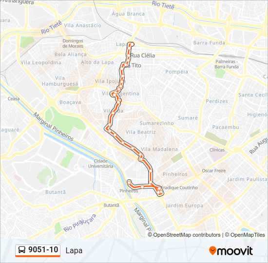 Mapa da linha 9051-10 de ônibus