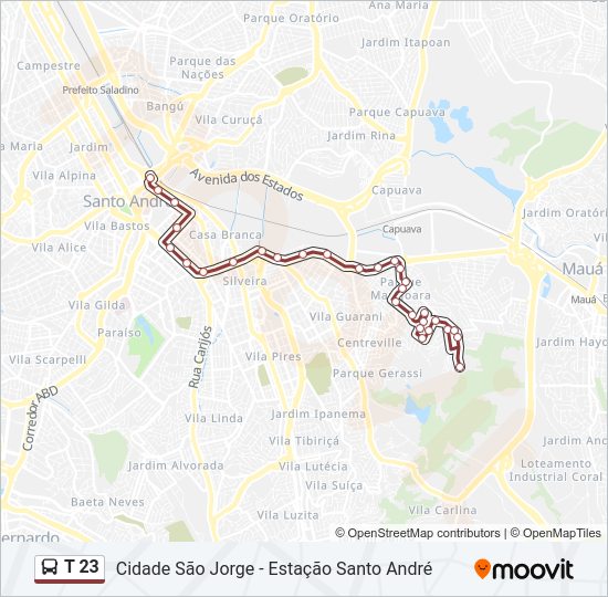 Mapa da linha T 23 de ônibus
