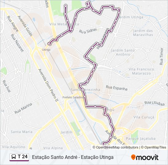 Mapa da linha T 24 de ônibus