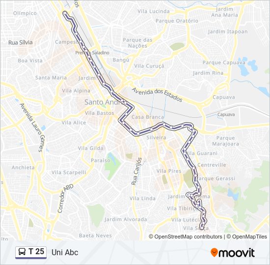 Mapa da linha T 25 de ônibus