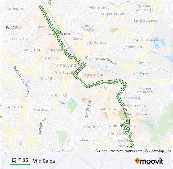 Mapa da linha T 25 de ônibus