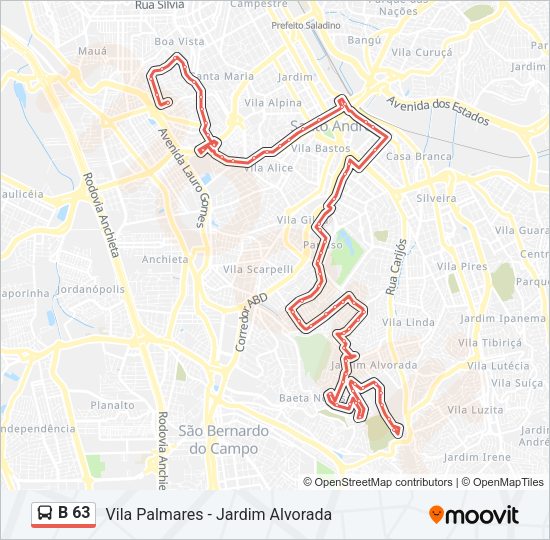Mapa da linha B 63 de ônibus
