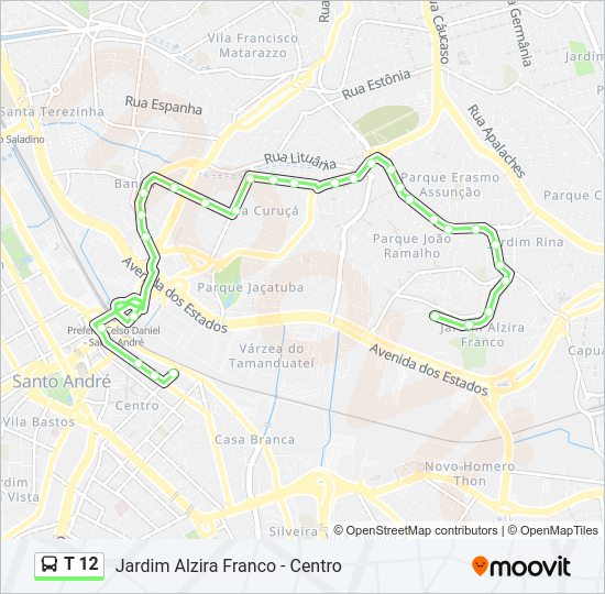 Mapa da linha T 12 de ônibus