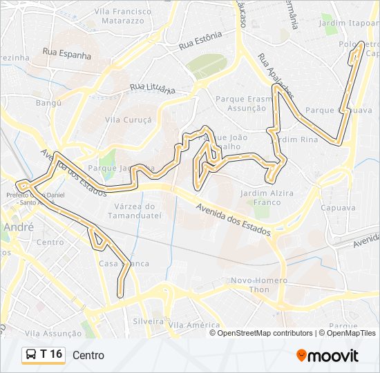 Mapa da linha T 16 de ônibus