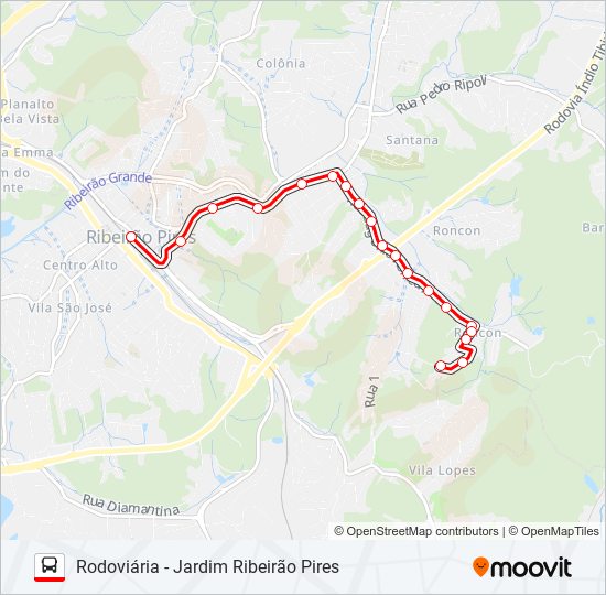 Mapa da linha 29 JARDIM RIBEIRÃO PIRES de ônibus