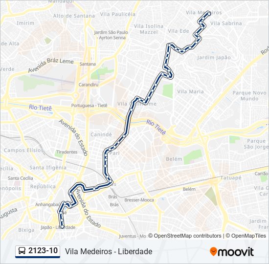 Mapa da linha 2123-10 de ônibus