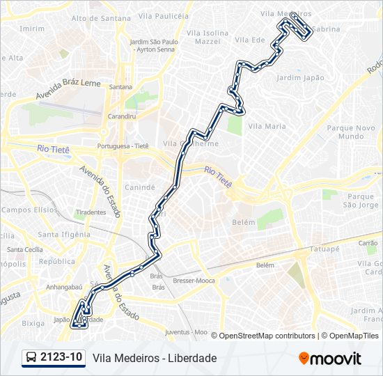 Mapa da linha 2123-10 de ônibus