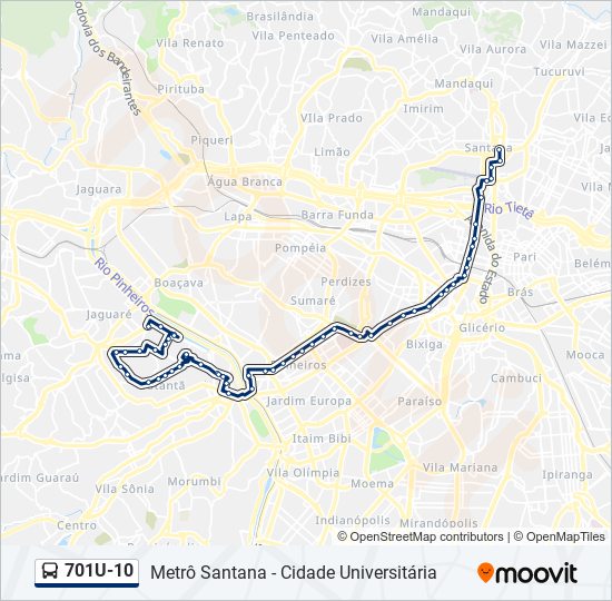 Mapa da linha 701U-10 de ônibus
