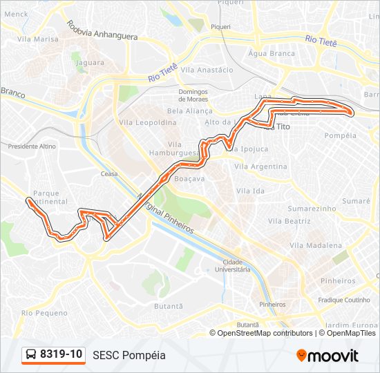 Mapa da linha 8319-10 de ônibus