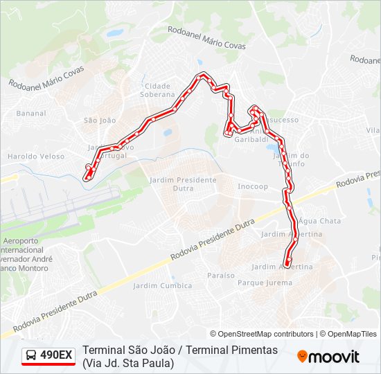 Mapa da linha 490EX de ônibus