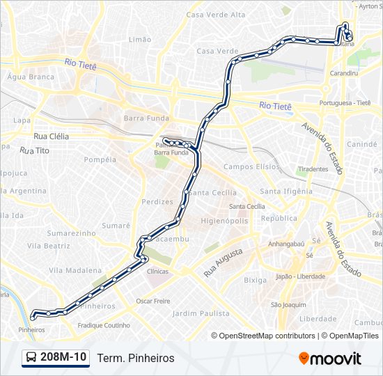 Mapa da linha 208M-10 de ônibus