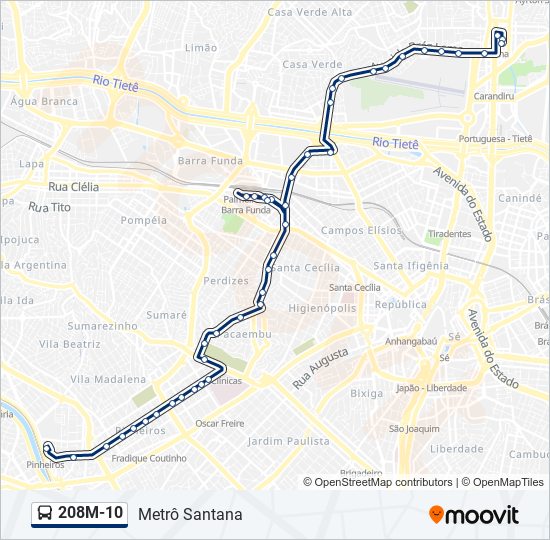 Mapa da linha 208M-10 de ônibus