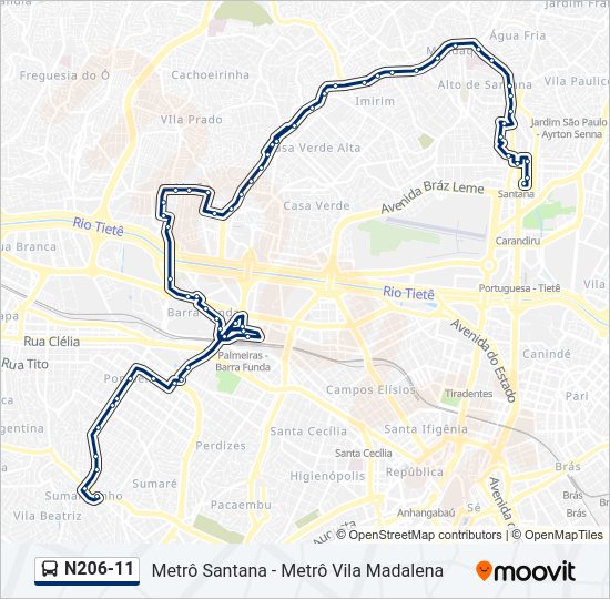 Mapa da linha N206-11 de ônibus