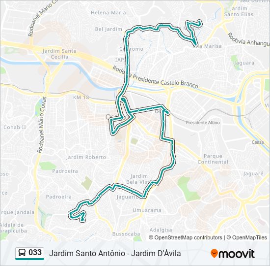 Mapa da linha 033 de ônibus