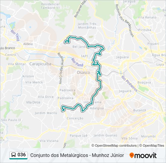 Mapa da linha 036 de ônibus
