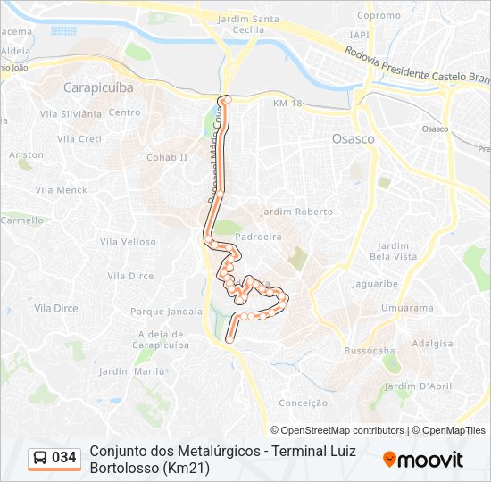 Mapa da linha 034 de ônibus