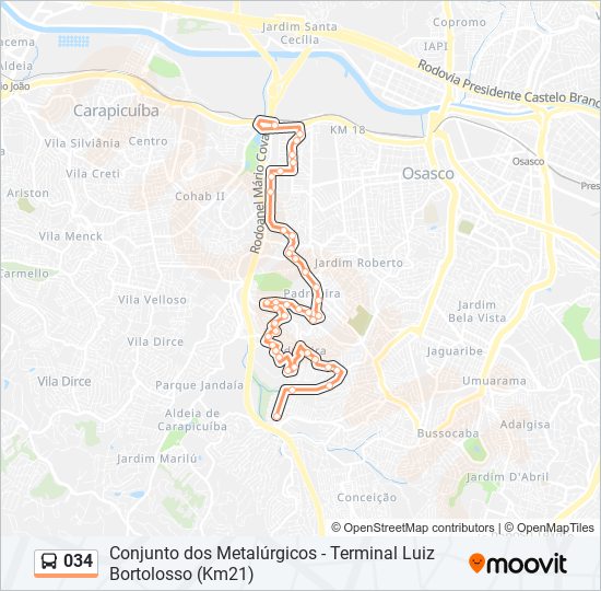 Mapa da linha 034 de ônibus