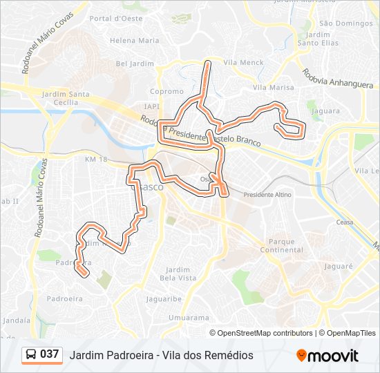 Mapa da linha 037 de ônibus