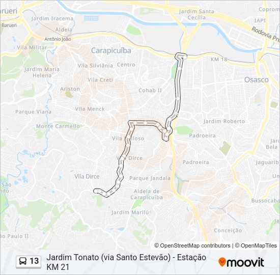 Mapa da linha 13 de ônibus