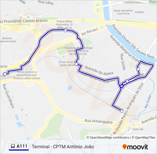 Mapa da linha A111 de ônibus