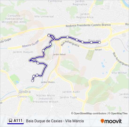 Mapa da linha A111 de ônibus