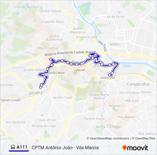 Mapa da linha A111 de ônibus