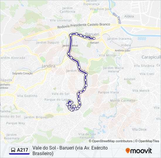 Mapa da linha A217 de ônibus