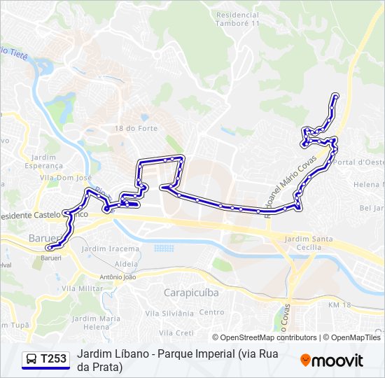 Mapa da linha T253 de ônibus