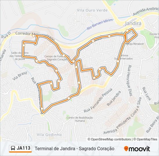 Mapa da linha JA113 de ônibus
