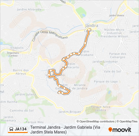 Mapa da linha JA134 de ônibus