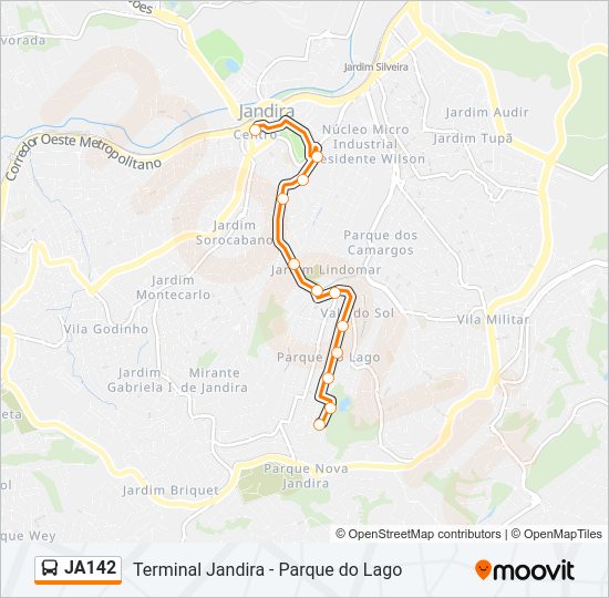 Mapa da linha JA142 de ônibus