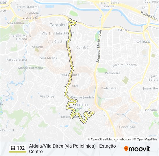 Mapa da linha 102 de ônibus