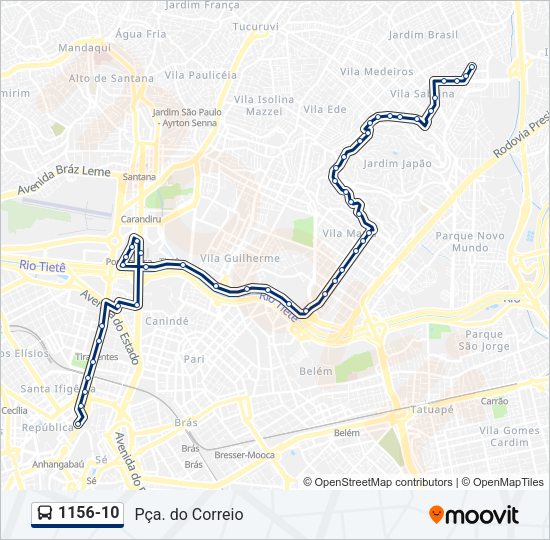 Mapa da linha 1156-10 de ônibus