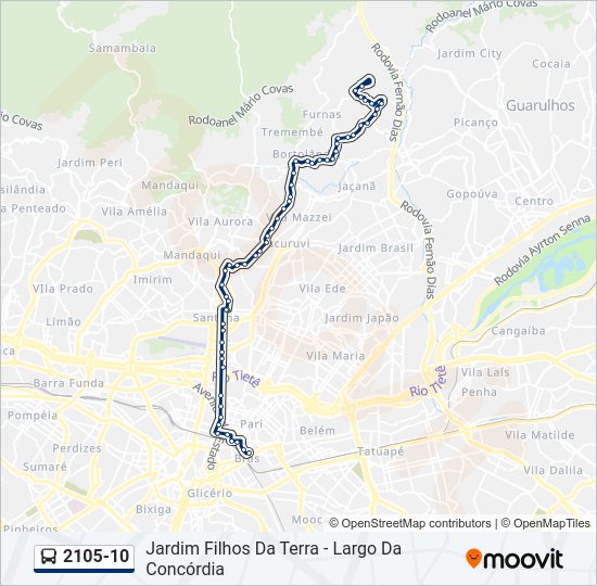 Mapa da linha 2105-10 de ônibus