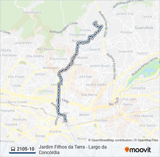 Mapa da linha 2105-10 de ônibus