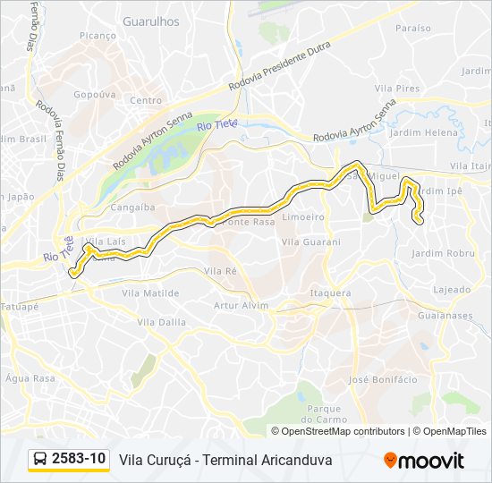 Mapa da linha 2583-10 de ônibus